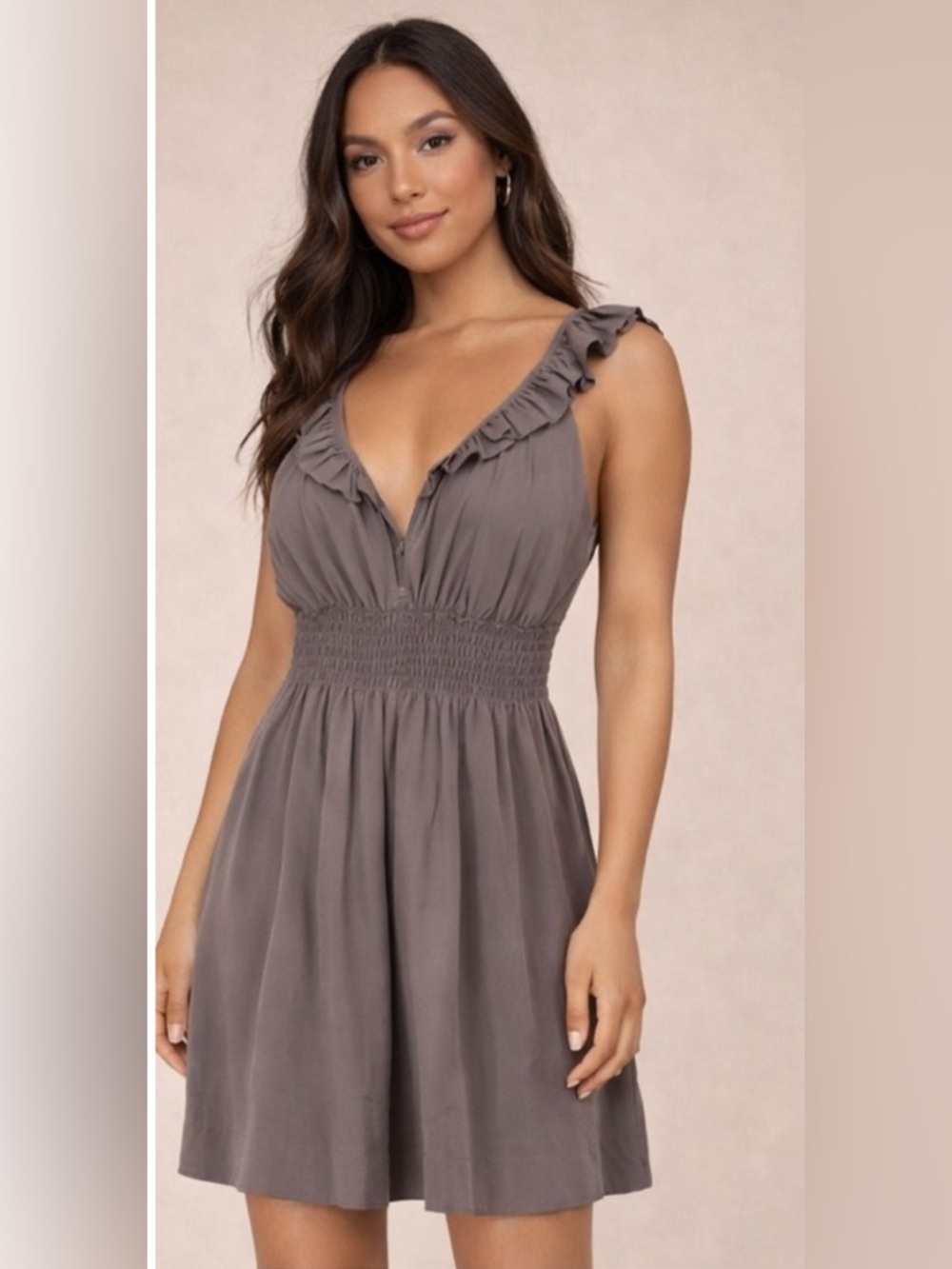 Anthropologie Floreat Ruffle Smocked Gray 100% Silk Cottagecore dress - Size S
